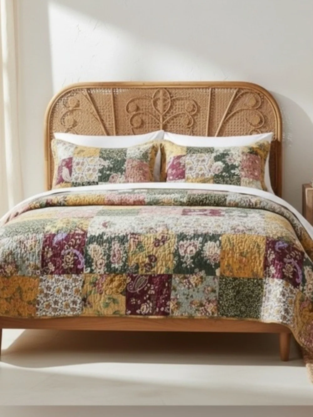 NEW QUEEN Patchwork Floral Quilt Set in Mustard, Green & Burgundy